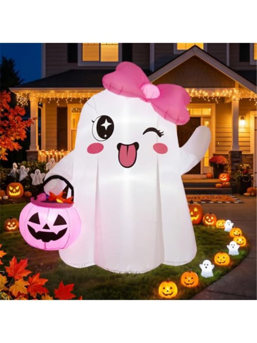5FT Cute Halloween Inflatables, Ghost Blow Ups Outdoor with Pink Bow